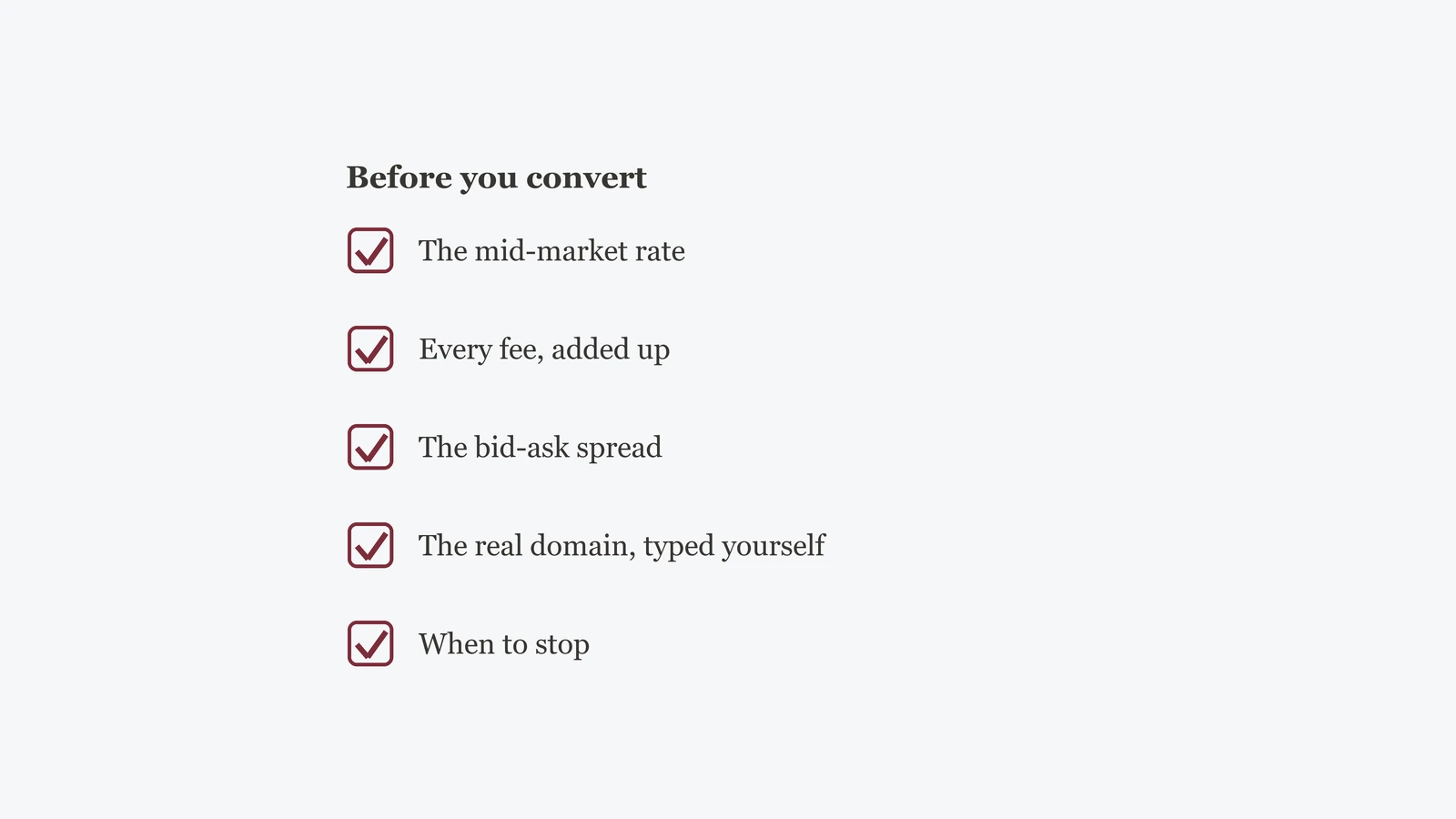 Concept illustration: a currency conversion and pre-signup checklist
