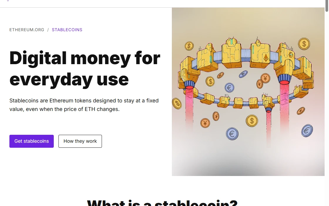 The ethereum.org stablecoins page, describing stablecoins as tokens designed to stay at a fixed value even when the price of ether changes.